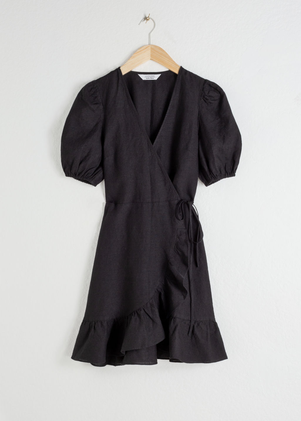 Puff Sleeve Linen Wrap Mini Dress - Black - Mini dresses - & Other Stories