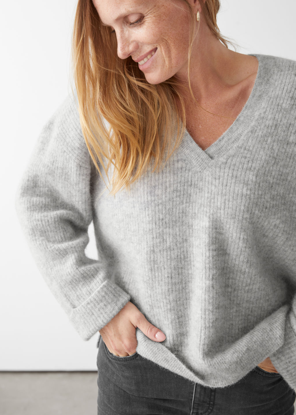 Oversized V-Neck Ribbed Sweater - Grey - Sweaters - & Other Stories
