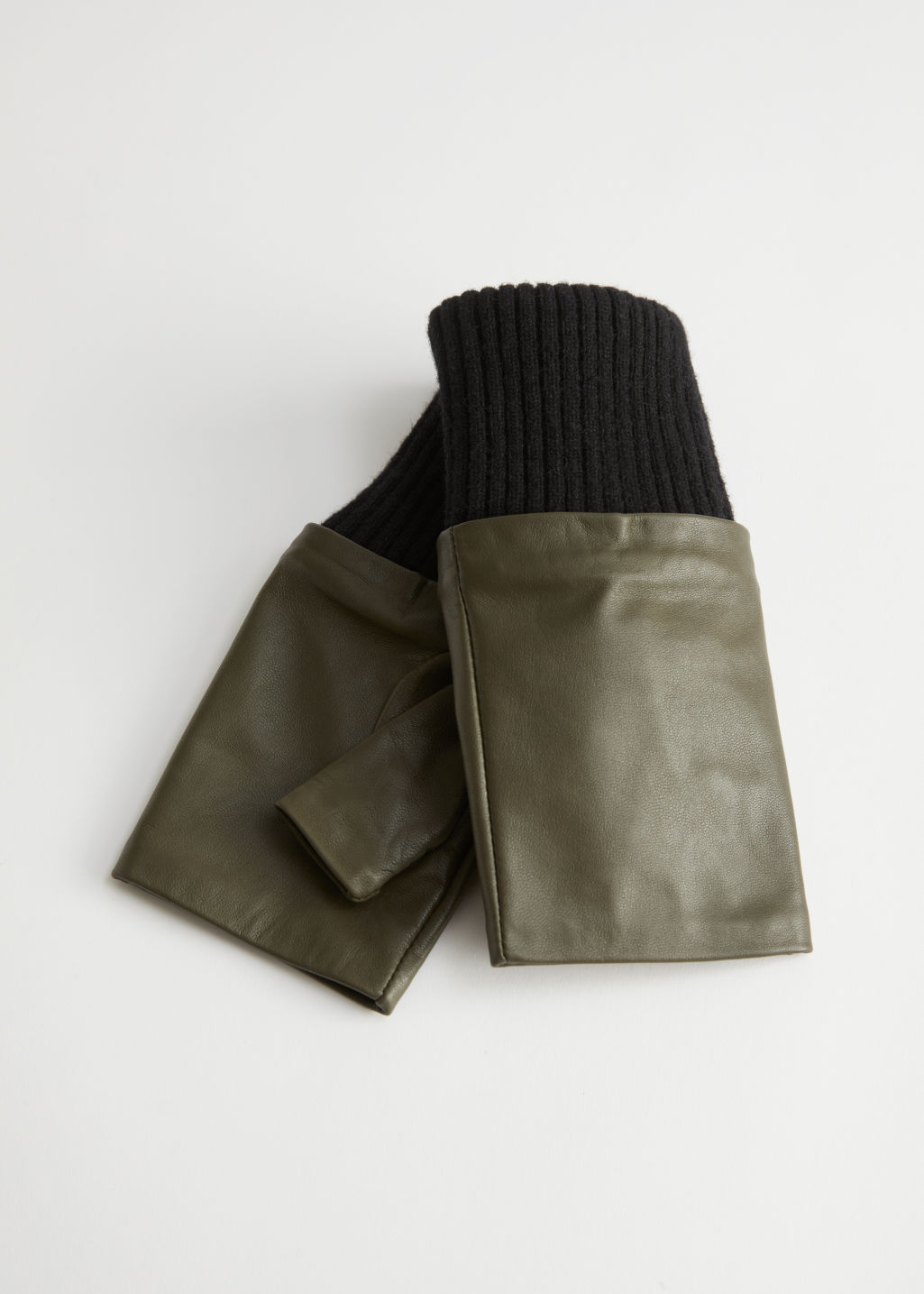 Leather Mitten Fingerless Gloves - Khaki Green - Gloves - & Other Stories