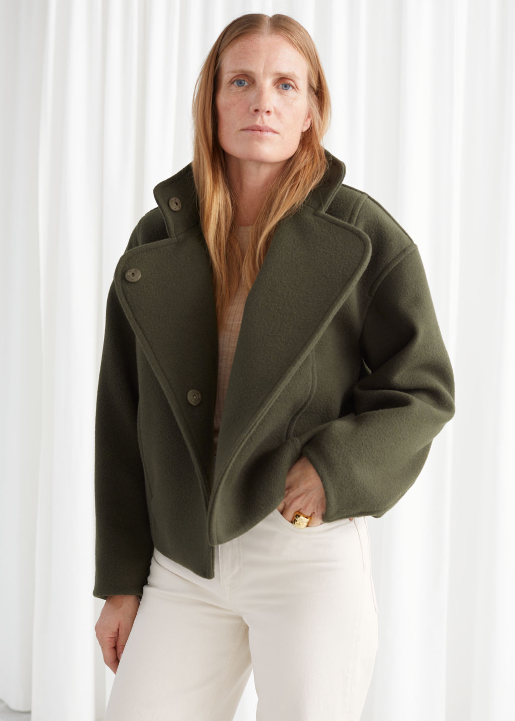Boxy Cropped High Collar Jacket - Green - Jackets - & Other Stories