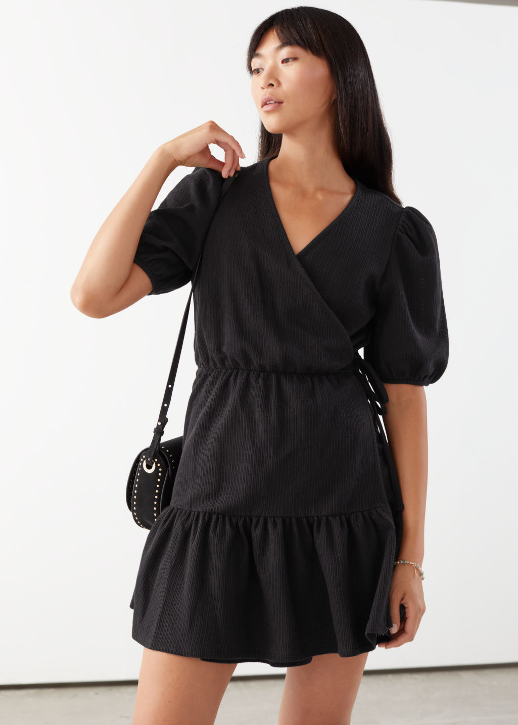 Puff Sleeve Wrap Mini Dress - Black - Mini dresses - & Other Stories