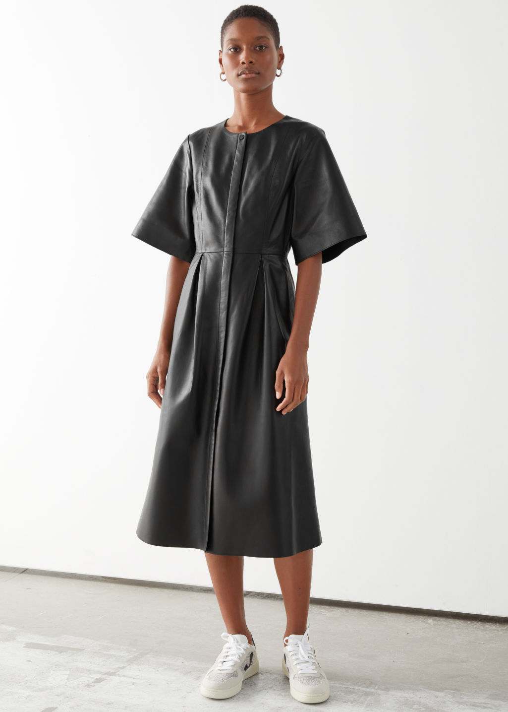 Buttoned Relaxed Leather Midi Dress - Black - Midi dresses - & Other Stories