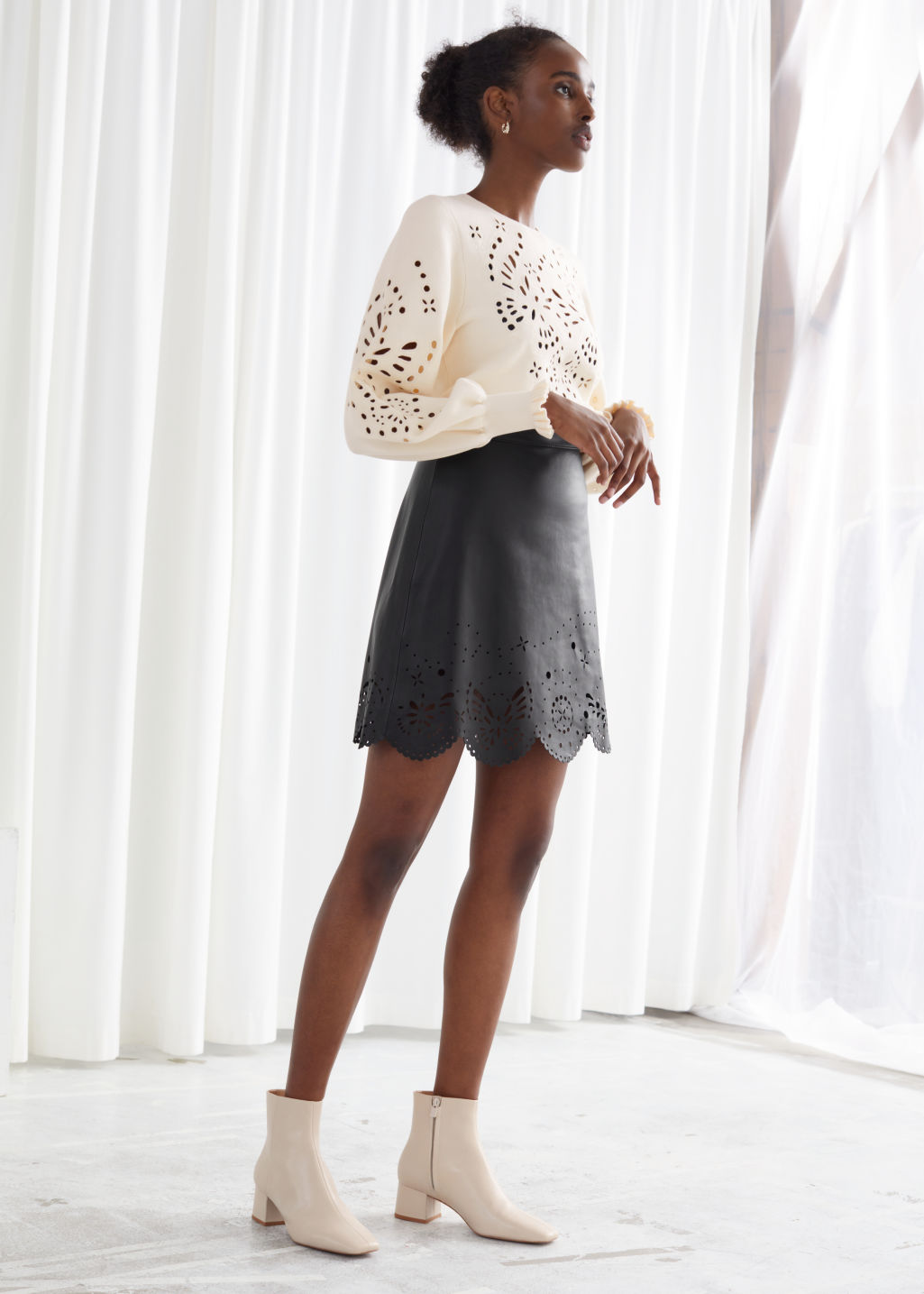 Laser Cut Leather Mini Skirt - Black - Leather skirts - & Other Stories