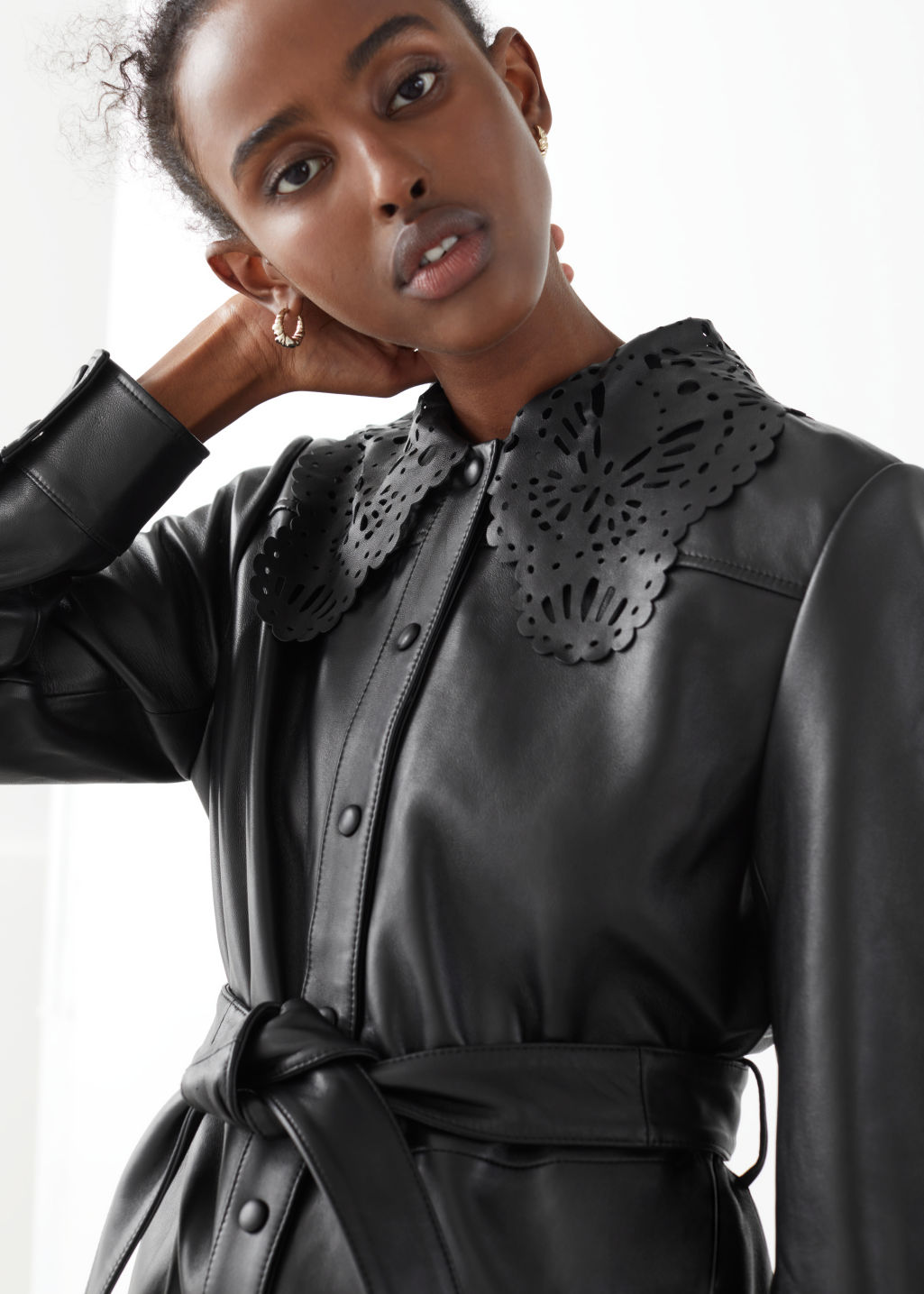 Belted Laser Cut Leather Jacket - Black - Leather jackets - & Other Stories
