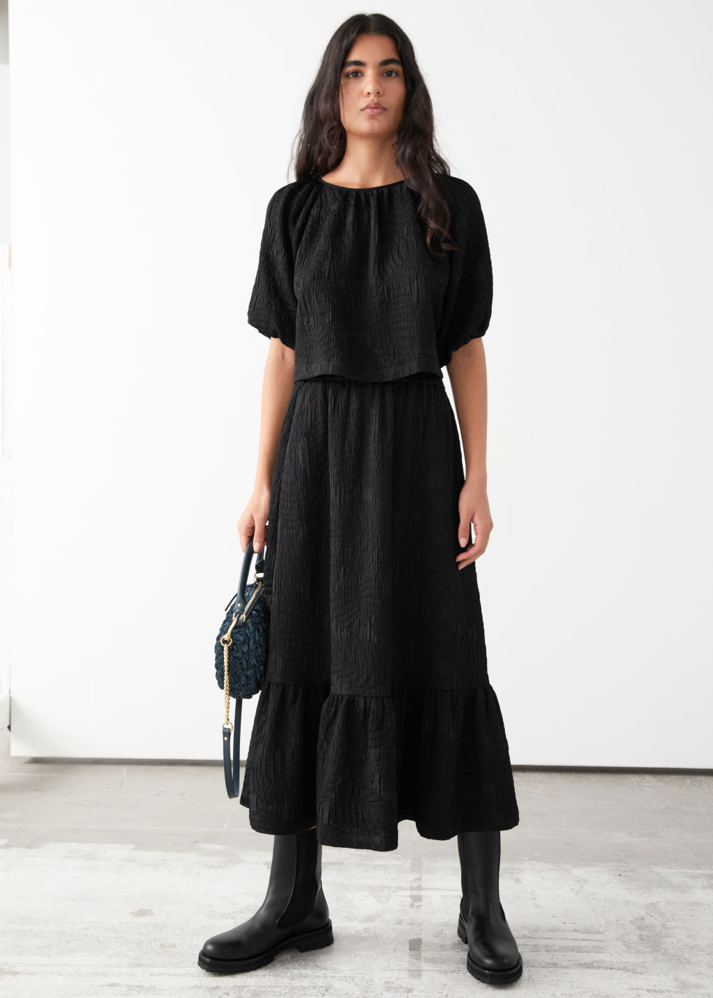 Textured Tiered Midi Skirt - Black - Midi skirts - & Other Stories
