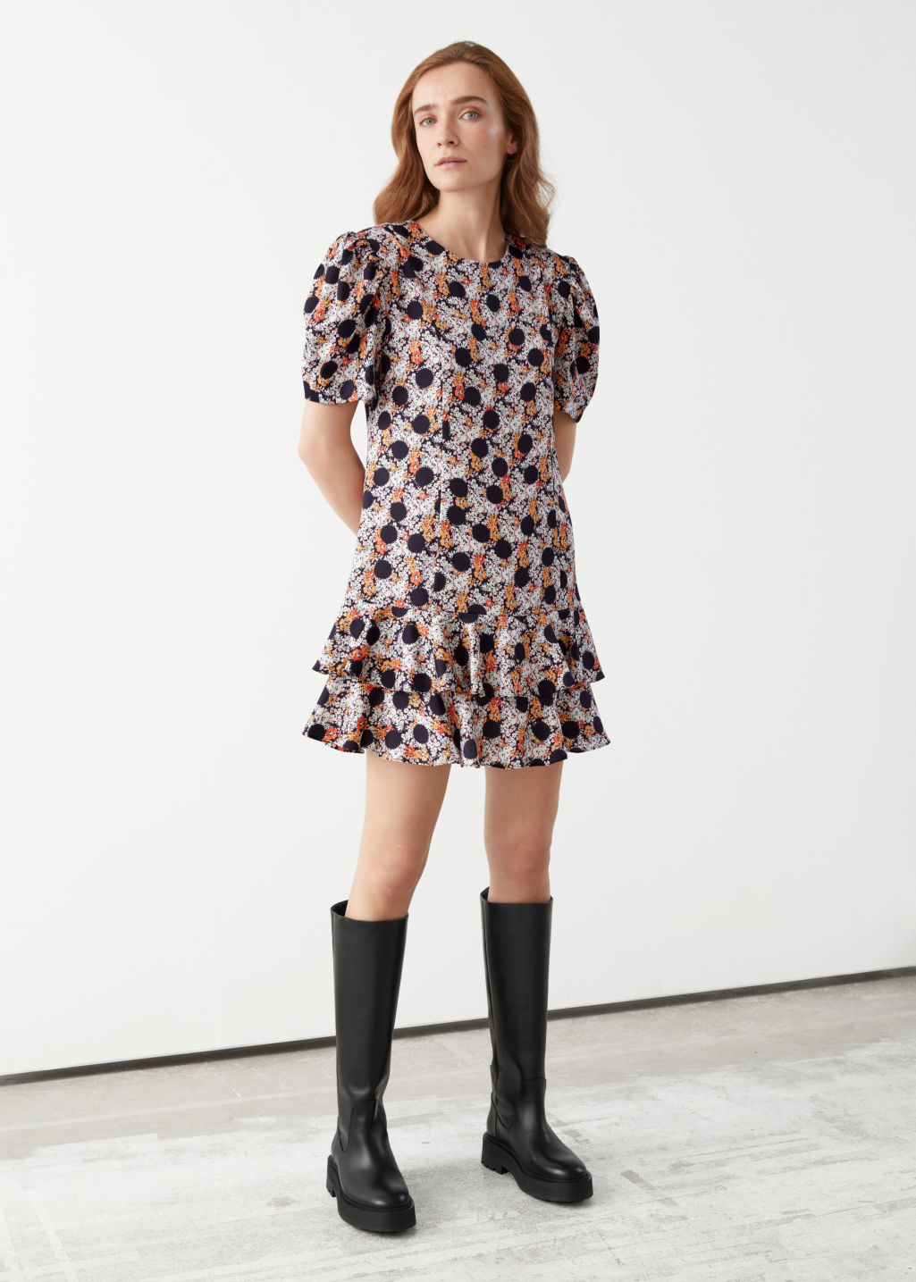 Ruffled Puff Shoulder Mini Dress - Black Dots - Mini dresses - & Other Stories