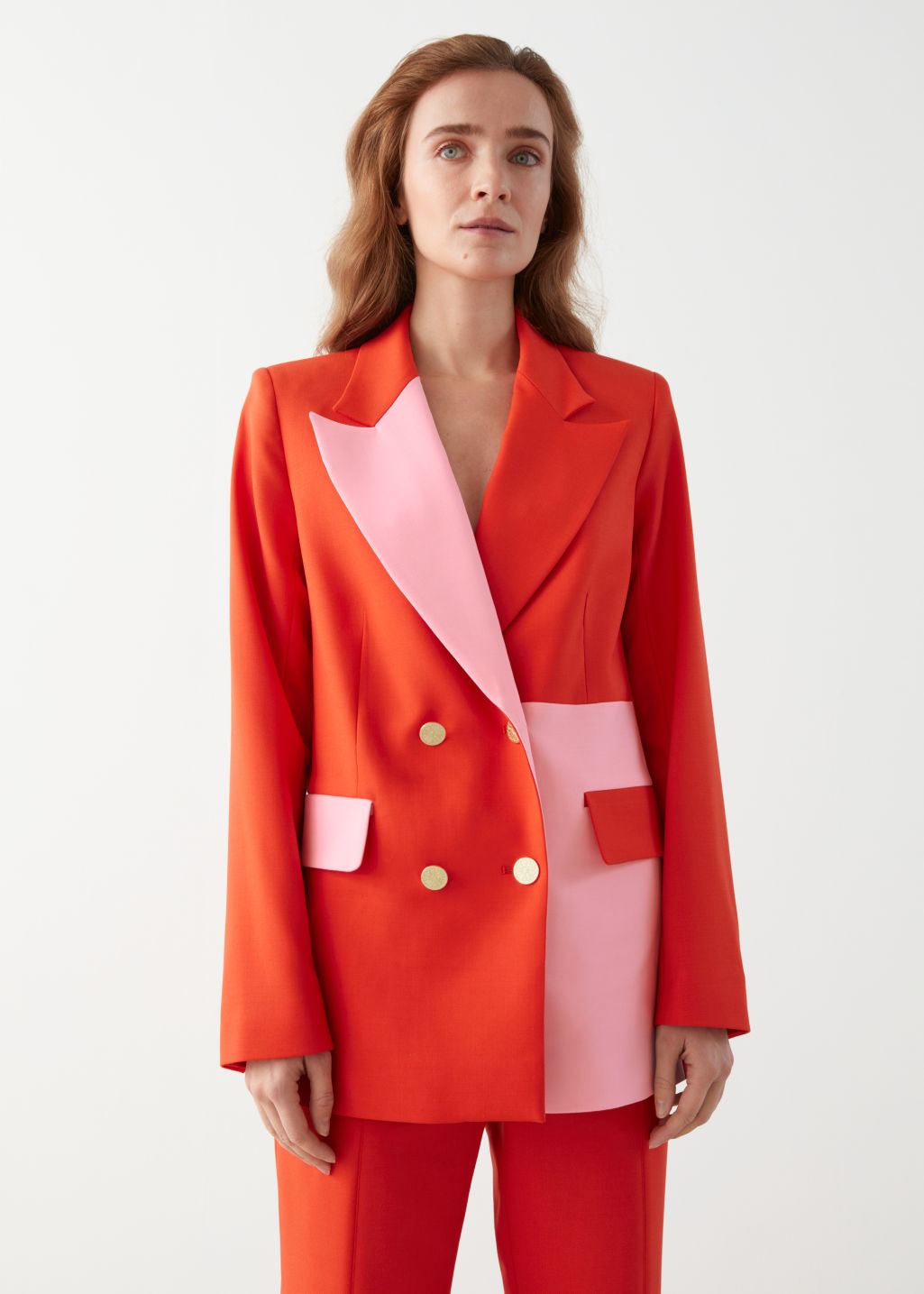 Straight Double Breasted Colour Block Blazer - Orange Pink - Blazers - & Other Stories