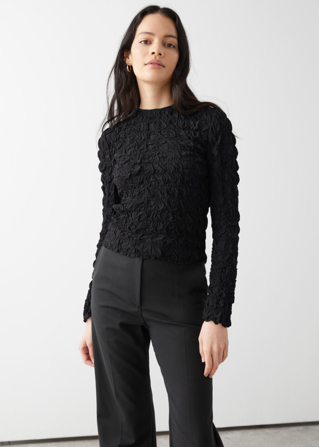 Smocked High Collar Top - Black - Tops & T-shirts - & Other Stories
