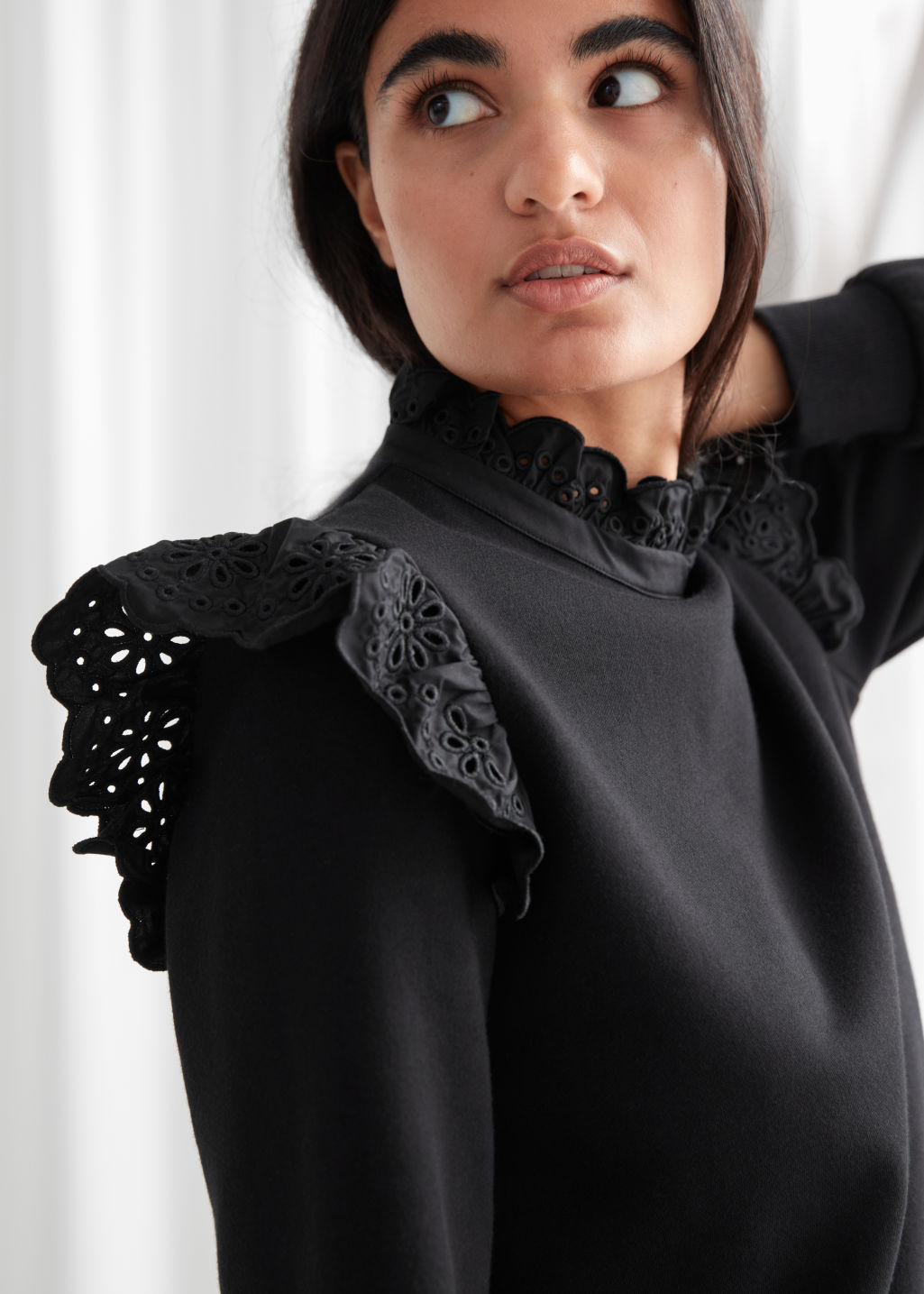 Ruffled Broderie Anglaise Sweater - Black - Sweatshirts & Hoodies - & Other Stories
