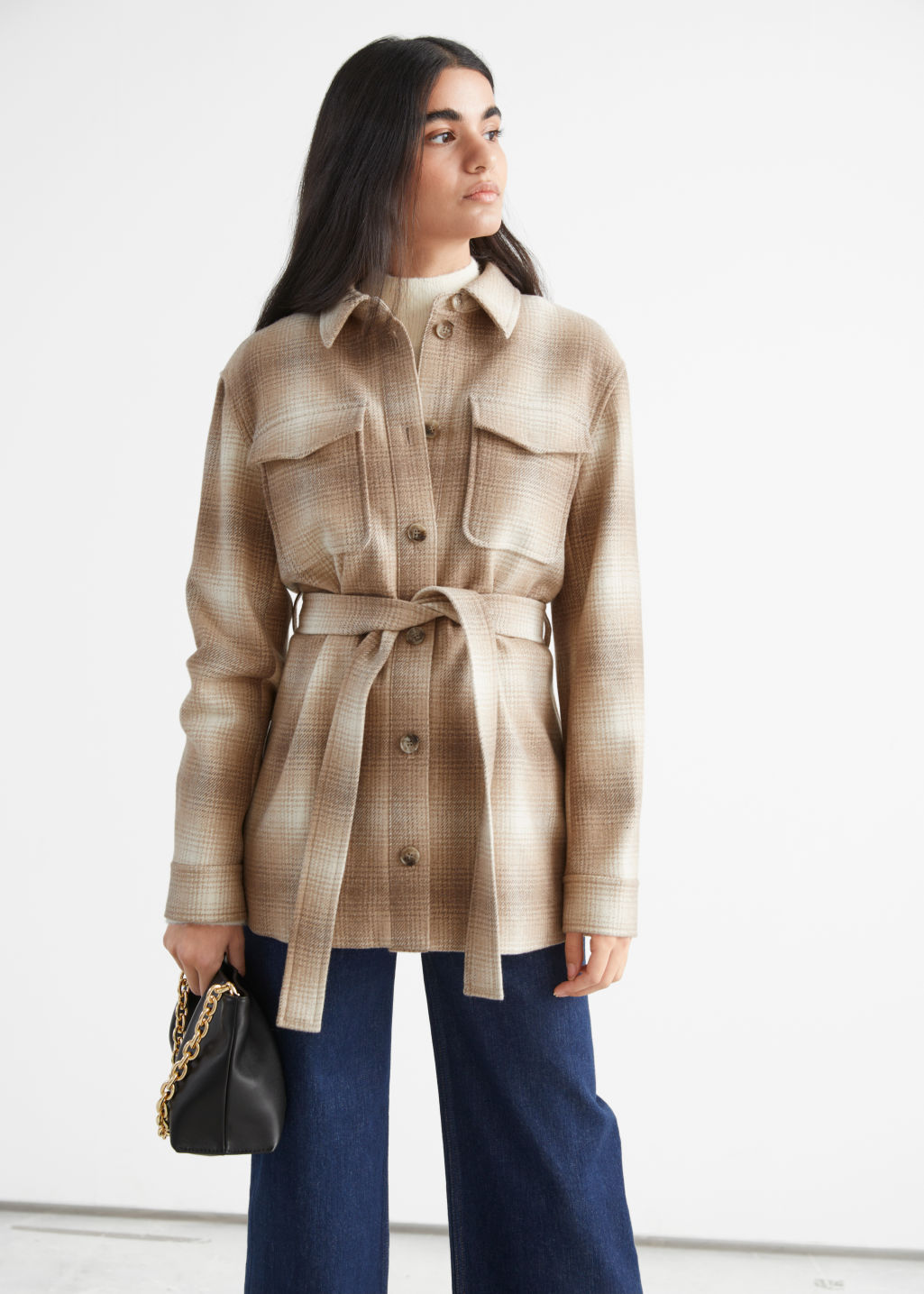 Oversized Belted Patch Pocket Overshirt - Beige Checks - Overshirts - & Other Stories