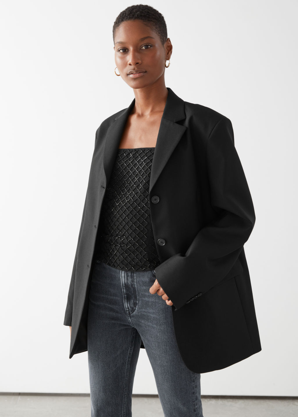 Long Fitted Padded Shoulder Wool Blazer - Black - Blazers - & Other Stories