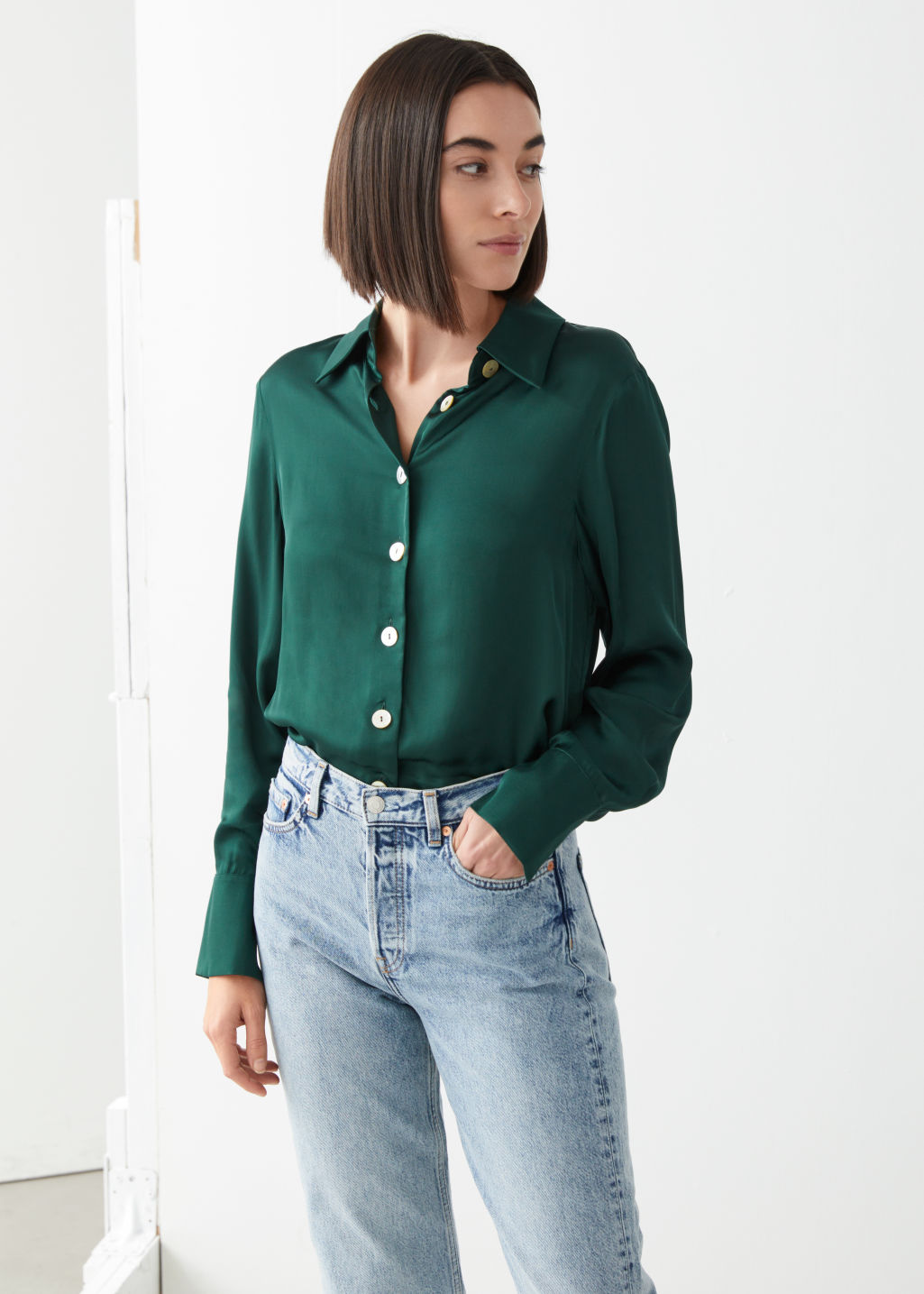 Shell Button Satin Blouse - Dark Green - Blouses - & Other Stories