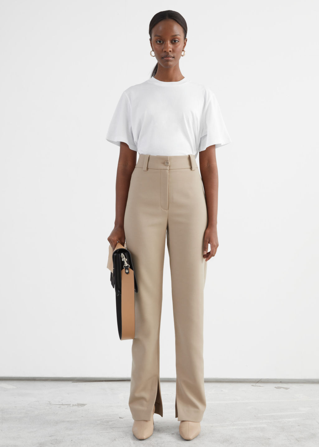 Slim High Waist Slit Trousers - Beige - Slim Fit Trousers - & Other Stories
