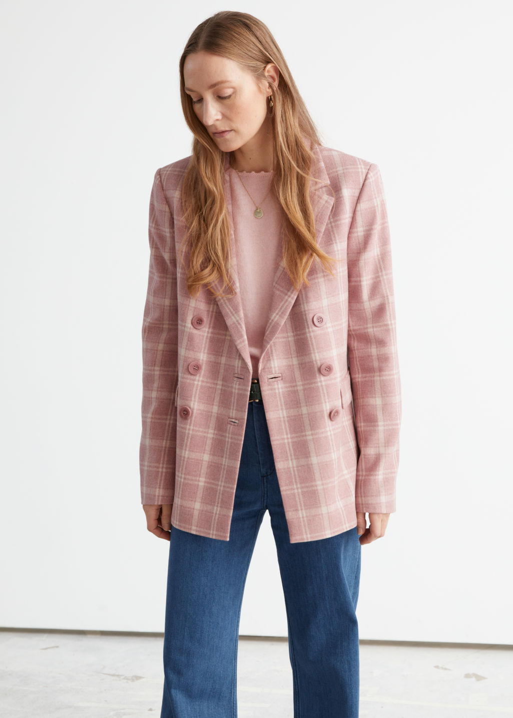 Relaxed Double Breasted Wool Blend Blazer - Pink Checks - Blazers - & Other Stories