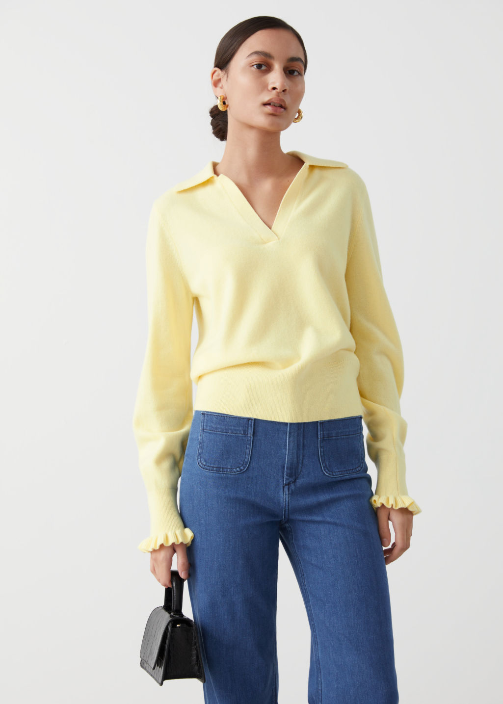 Ruffled Wool Knit Polo Sweater - Light Yellow - Sweaters - & Other Stories