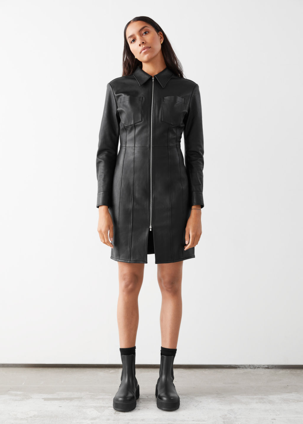 Leather Zip Front Dress - Black - Mini dresses - & Other Stories