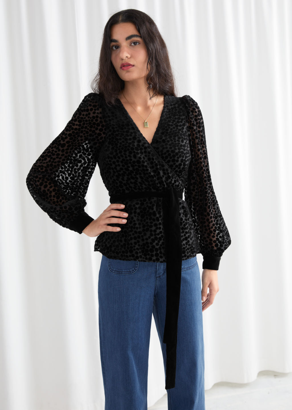 Velvet Mesh Wrap Top - Black - Long Sleeve Tops - & Other Stories - Click Image to Close