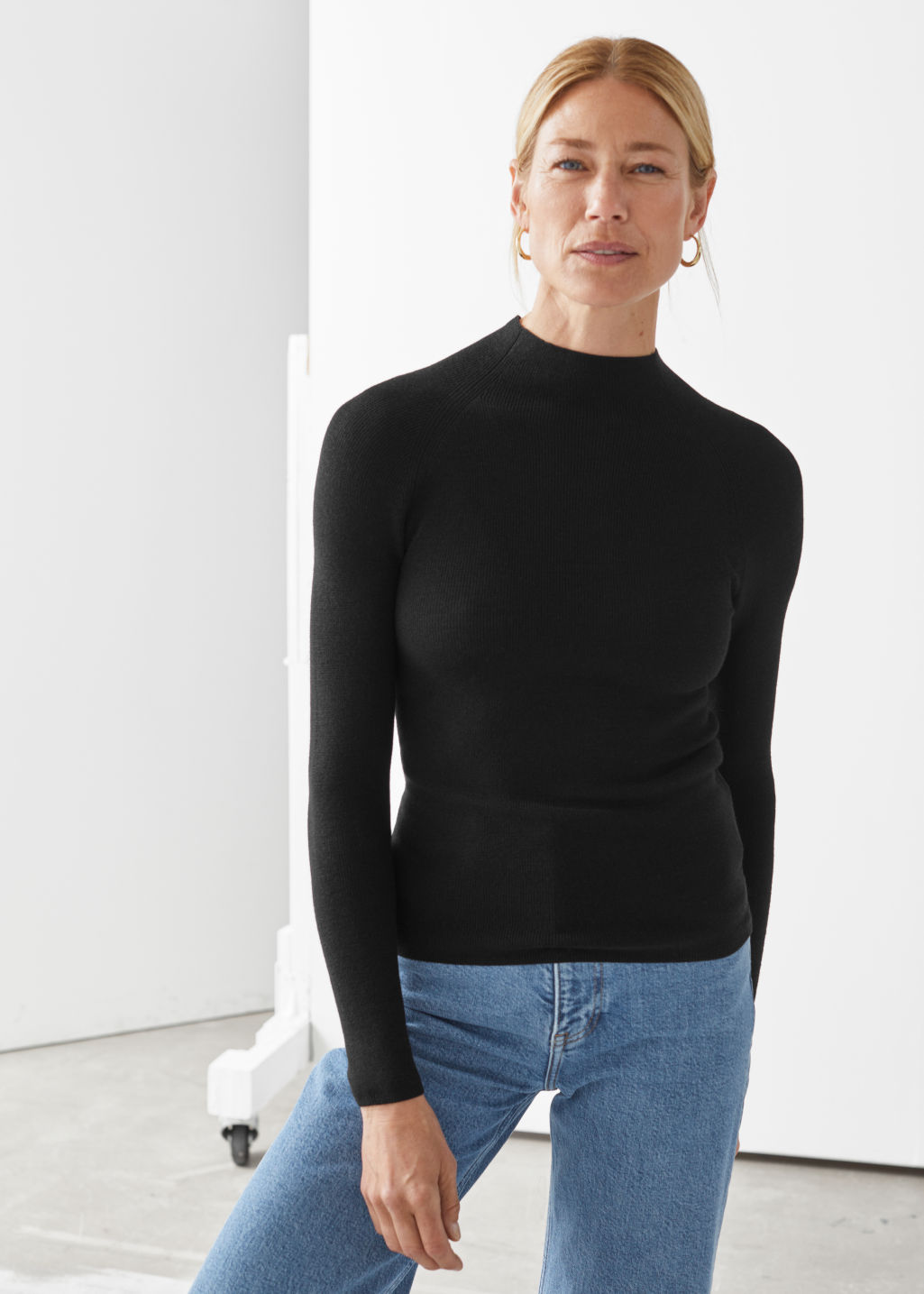 Fitted Mock Neck Merino Wool Sweater - Black - Sweaters - & Other Stories