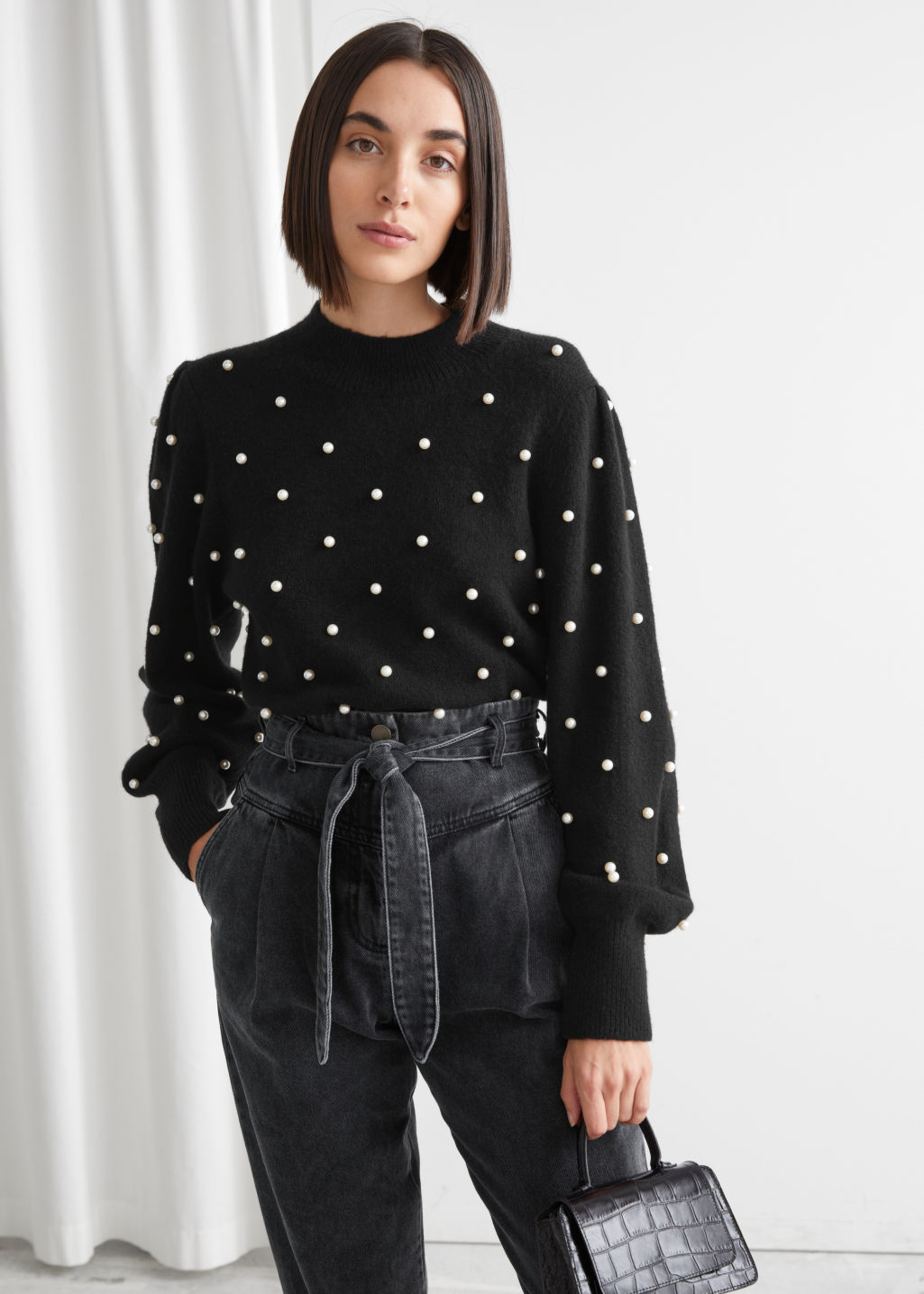 Pearl Dot Puff Sleeve Sweater - Black - Sweaters - & Other Stories