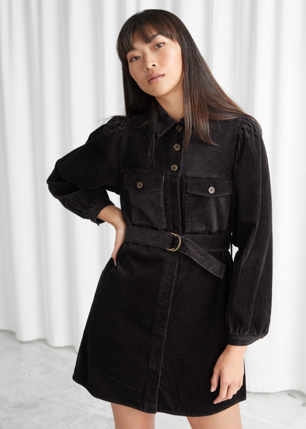 Belted Corduroy Mini Dress - Black - Mini dresses - & Other Stories - Click Image to Close