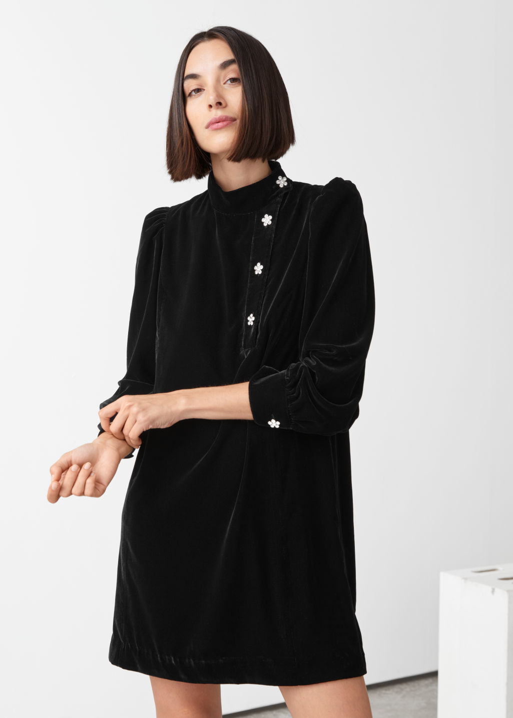 Velvet Floral Crystal Button Mini Dress - Black - Mini dresses - & Other Stories