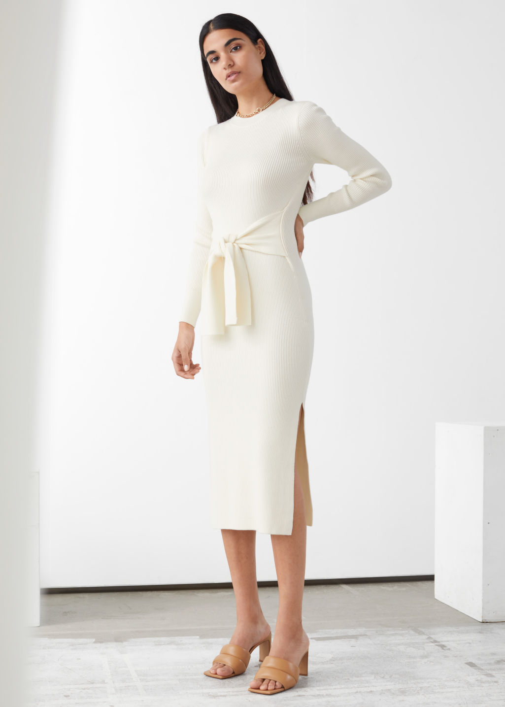 Belted Rib Midi Dress - White - Midi dresses - & Other Stories - Click Image to Close