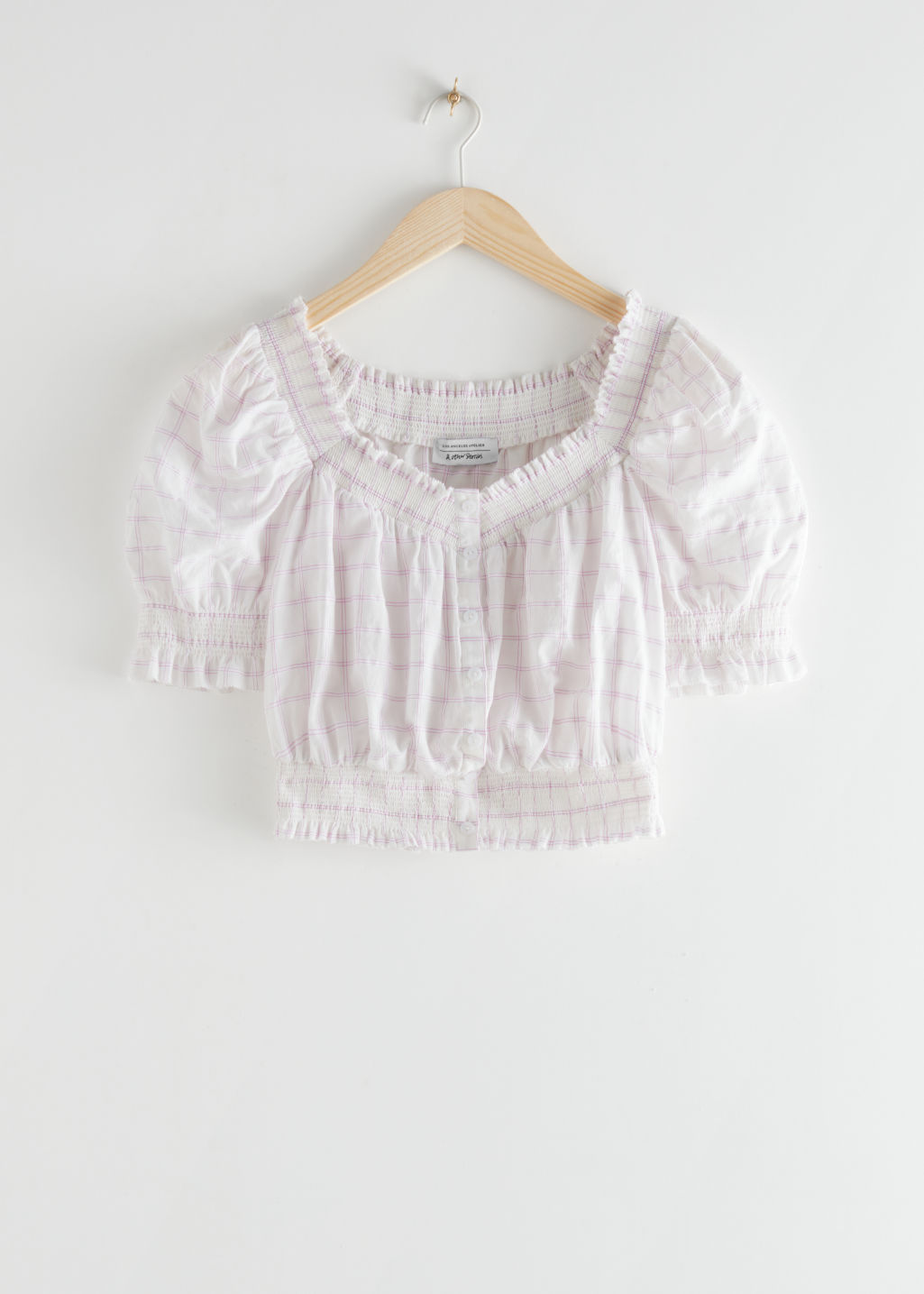 Smocked Puff Sleeve Crop Top - Lilac Checks - Tops & T-shirts - & Other Stories - Click Image to Close