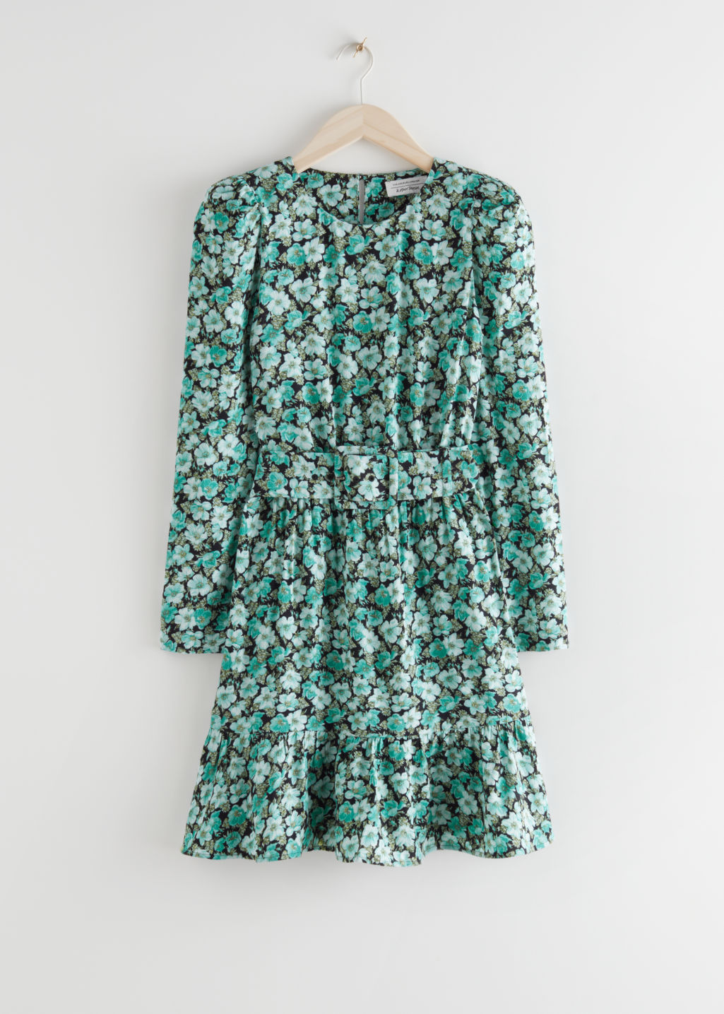Belted Puff Sleeve Mini Dress - Turquoise Florals - Mini dresses - & Other Stories