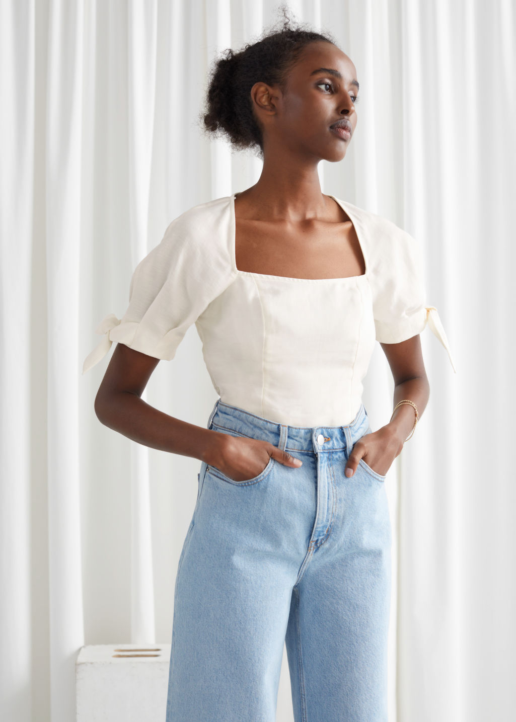Lyocell Linen Blend Tie Sleeve Top - White - Blouses - & Other Stories