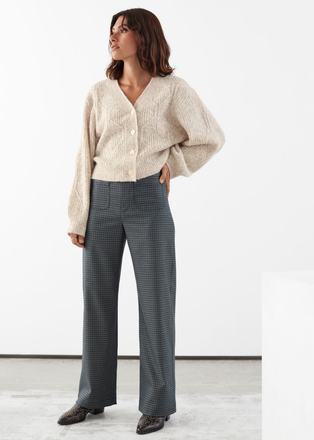 High Waist Straight Leg Trousers - Grey Checks - Trousers - & Other Stories