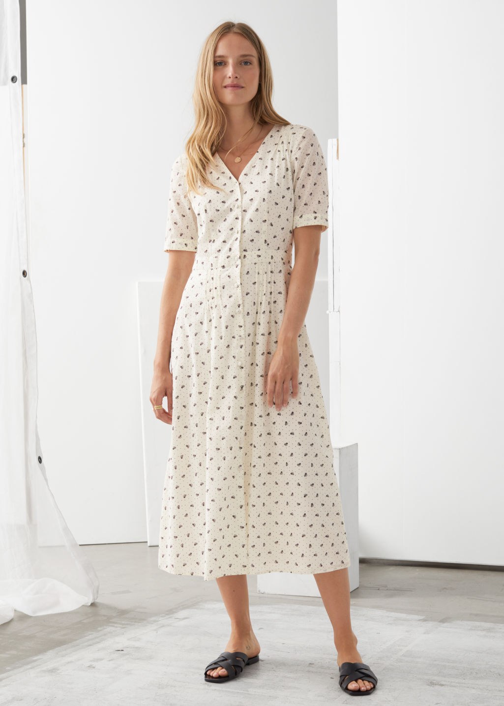 Pleated V-Neck Midi Dress - White Florals - Midi dresses - & Other Stories - Click Image to Close