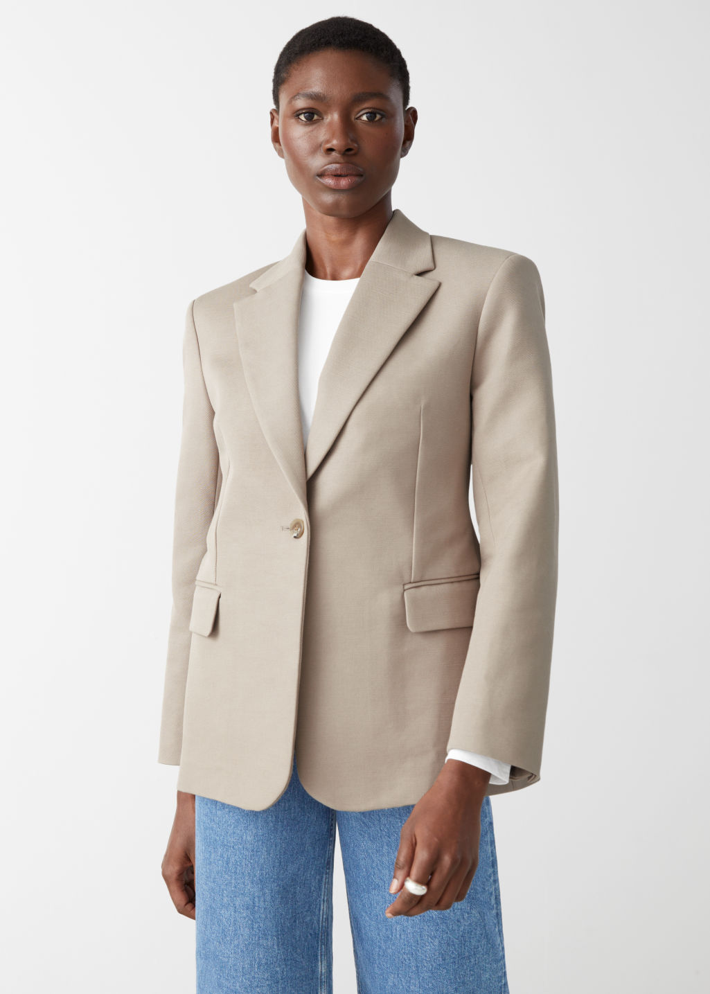 Single Breasted Sculptural Wide Shoulder Blazer - Beige - Blazers - & Other Stories - Click Image to Close