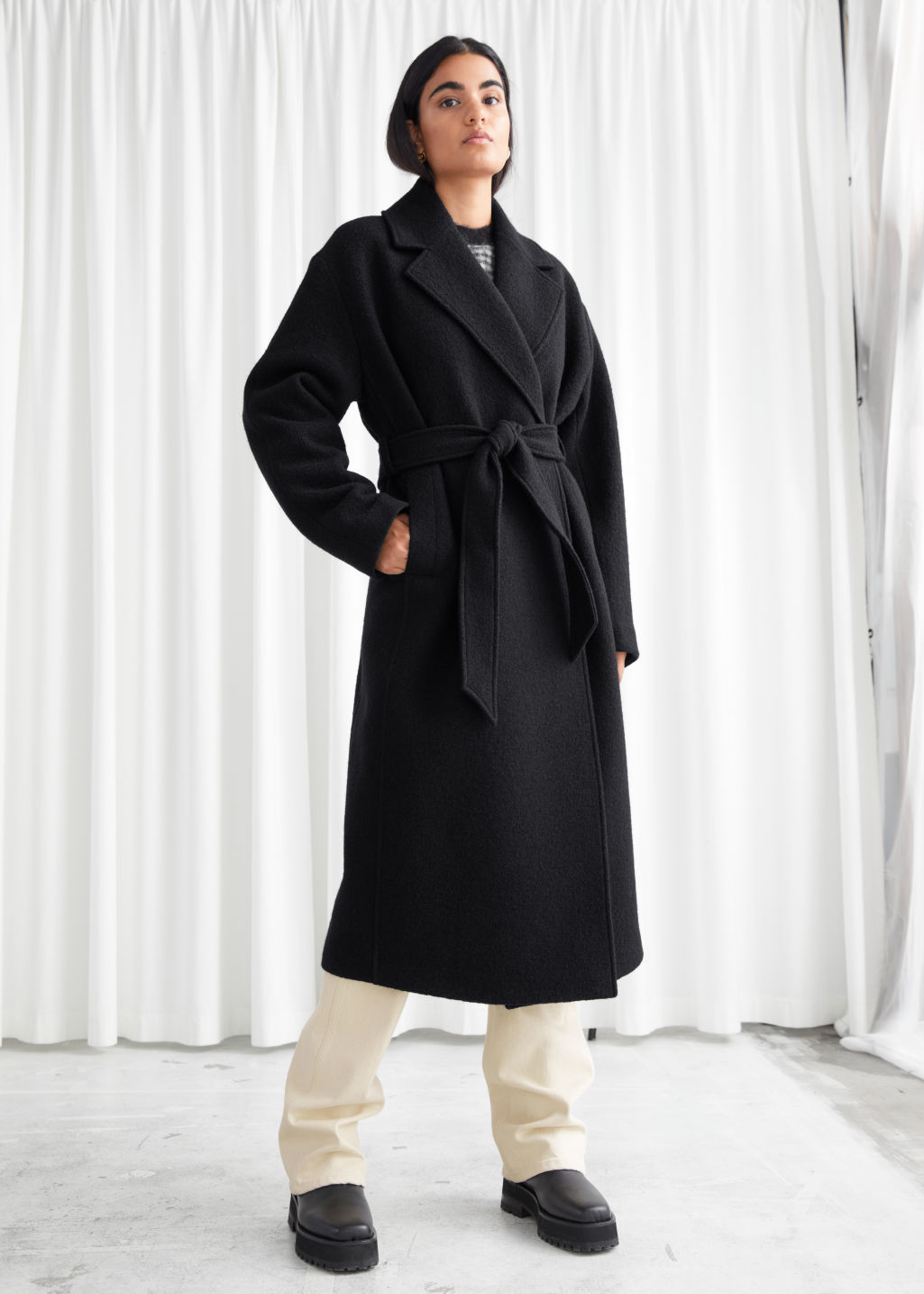 Belted Voluminous Wool Coat - Black - Woolcoats - & Other Stories