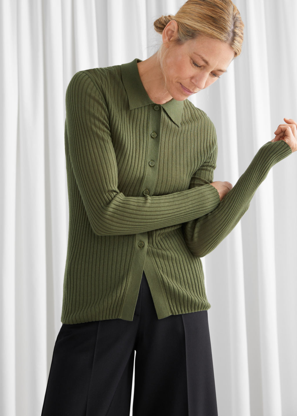 Fitted Ribbed Knit Cardigan - Green - Cardigans - & Other Stories