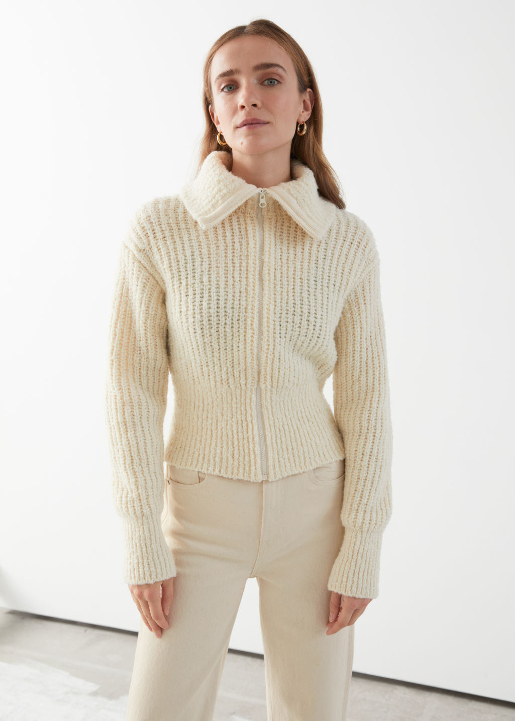 Wide Collar Knit Zip Cardigan - Creme - Cardigans - & Other Stories