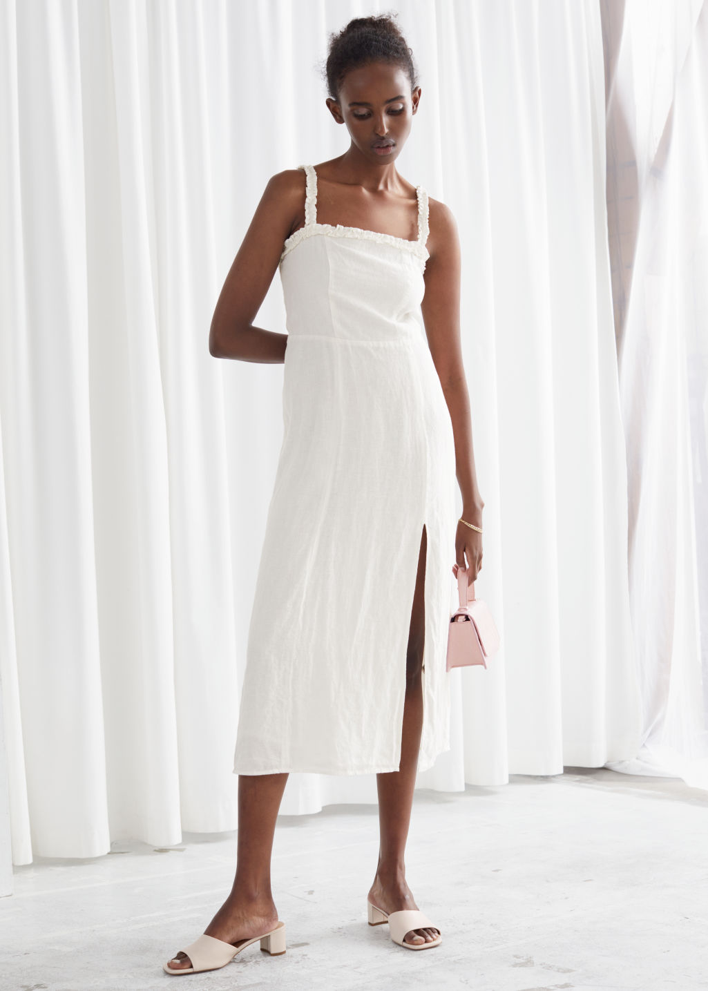 Ruffled Side Slit Midi Dress - White - Midi dresses - & Other Stories