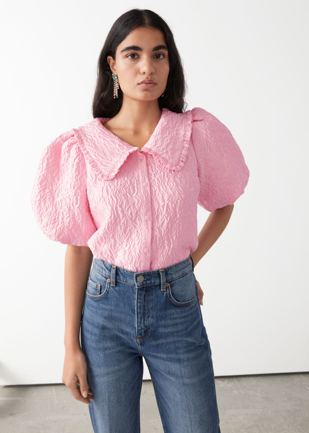 Textured Ruffle Collar Puff Sleeve Top - Pink - Blouses - & Other Stories - Click Image to Close