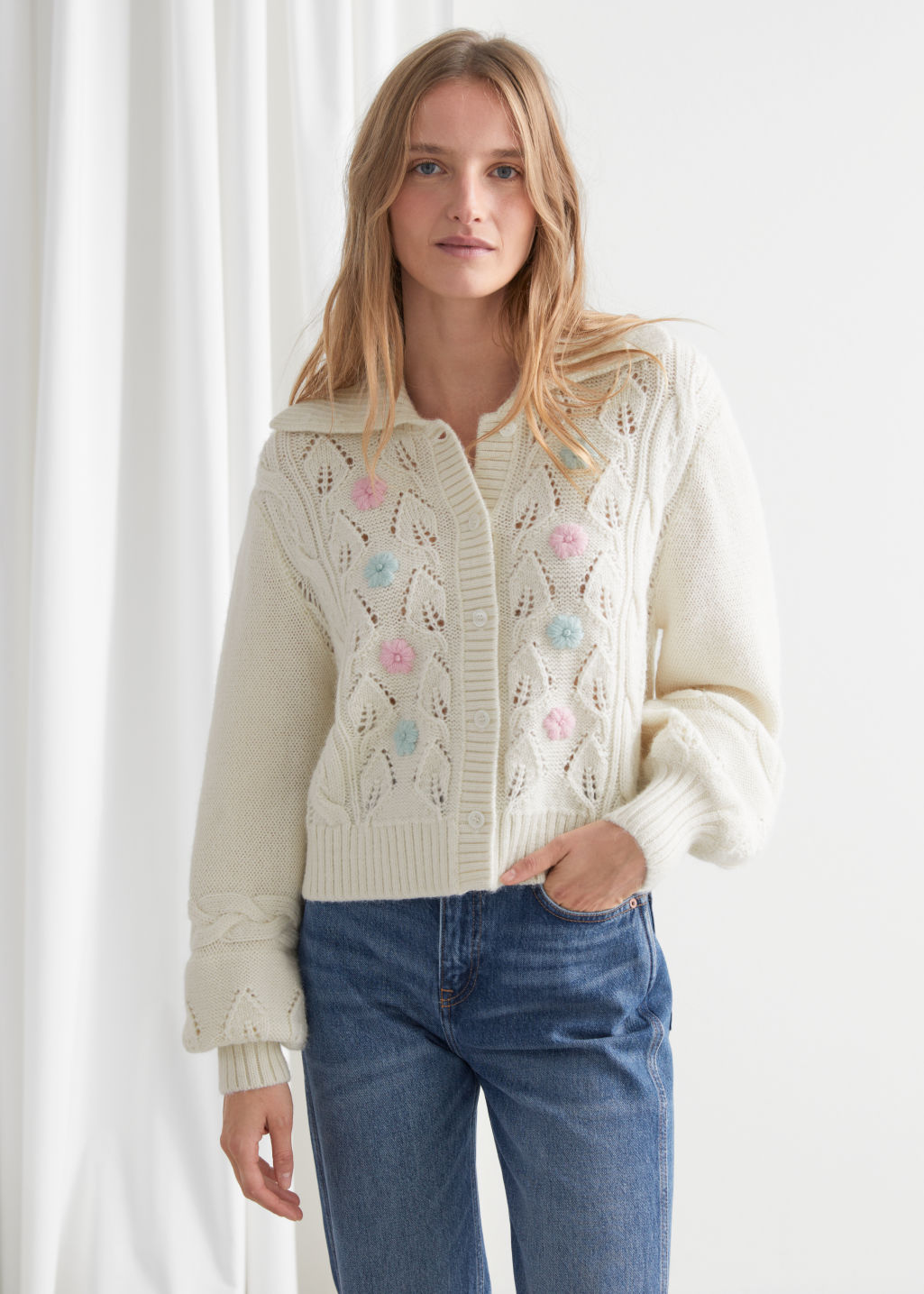 Floral Embroidery Cable Knit Alpaca Cardigan - White - Cardigans - & Other Stories