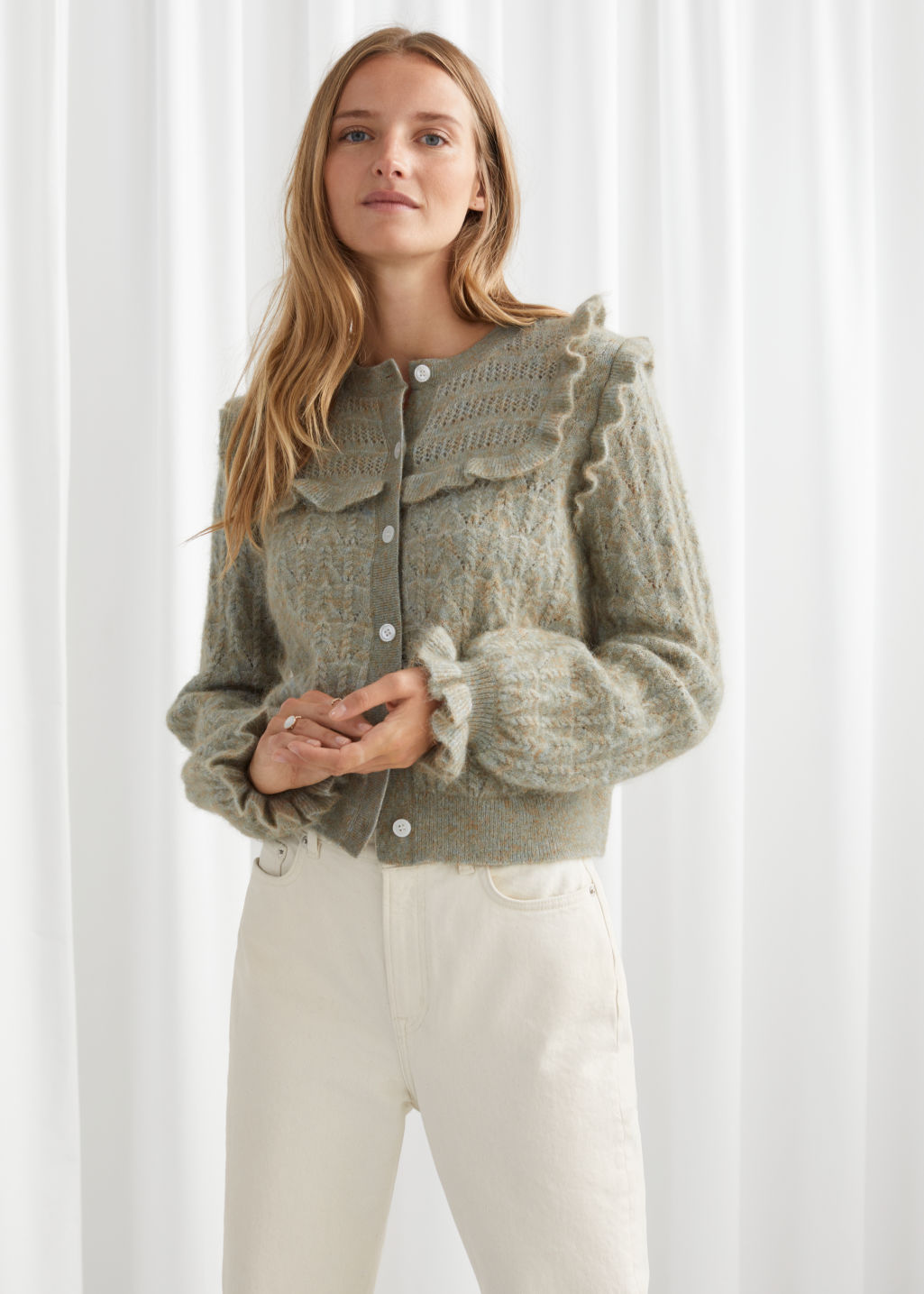 Ruffled Cable Knit Cardigan - Grey - Cardigans - & Other Stories
