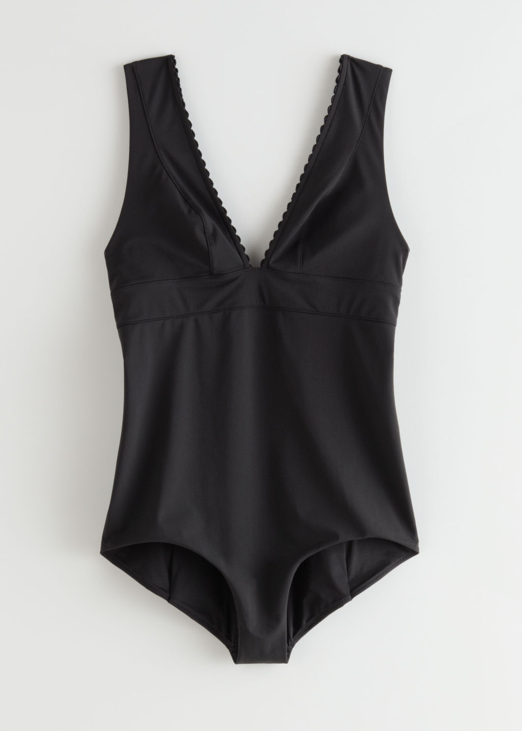 V-Neck Scallop Trim Swimsuit - Black - Swimsuits - & Other Stories