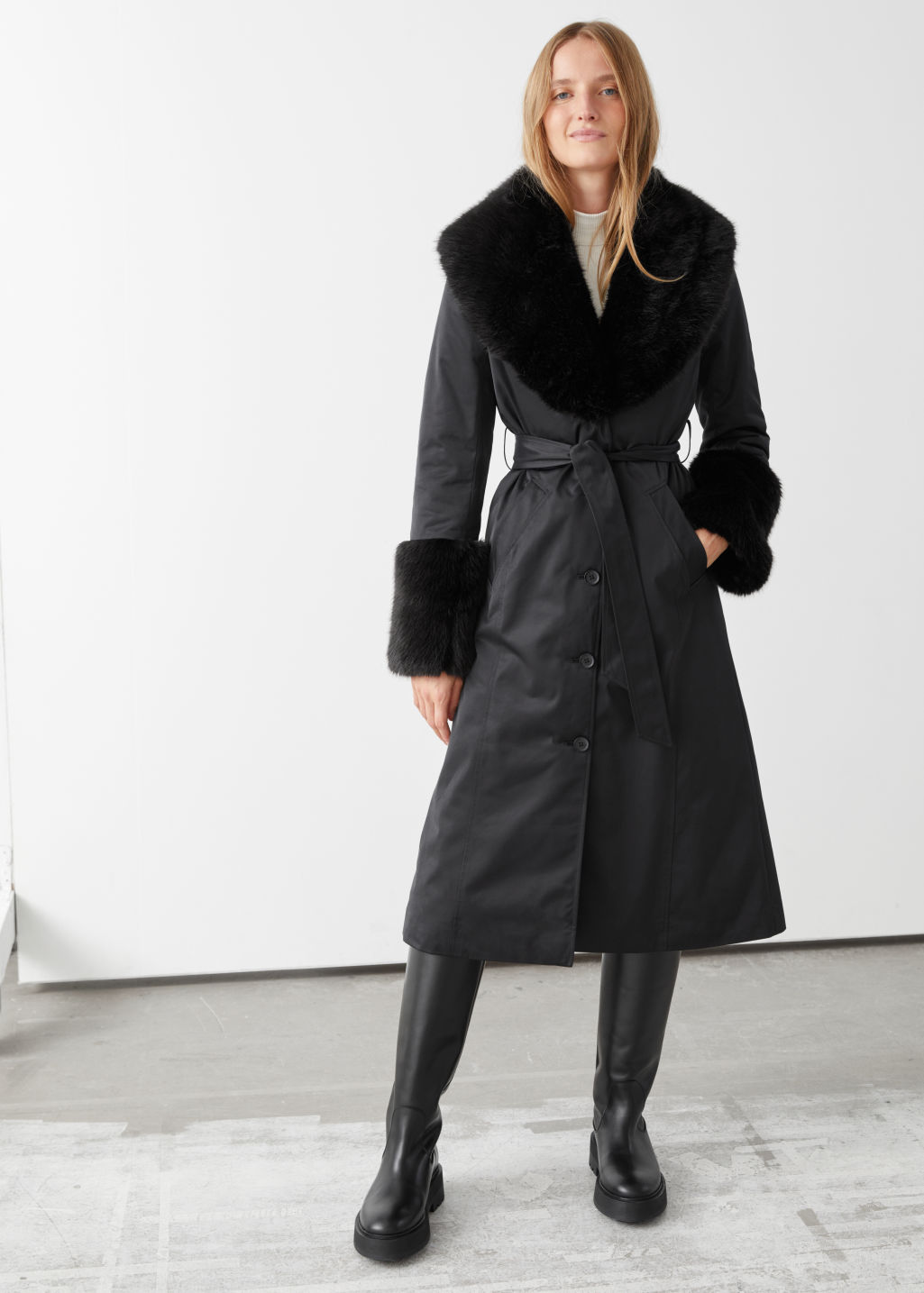 Long Belted Fitted Faux Fur Coat - Black - Jackets - & Other Stories - Click Image to Close