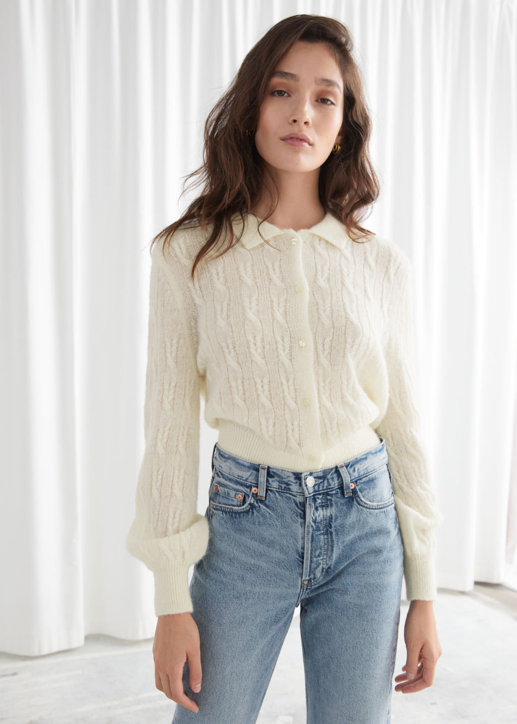 Alpaca Blend Cable Knit Cardigan - White - Cardigans - & Other Stories - Click Image to Close