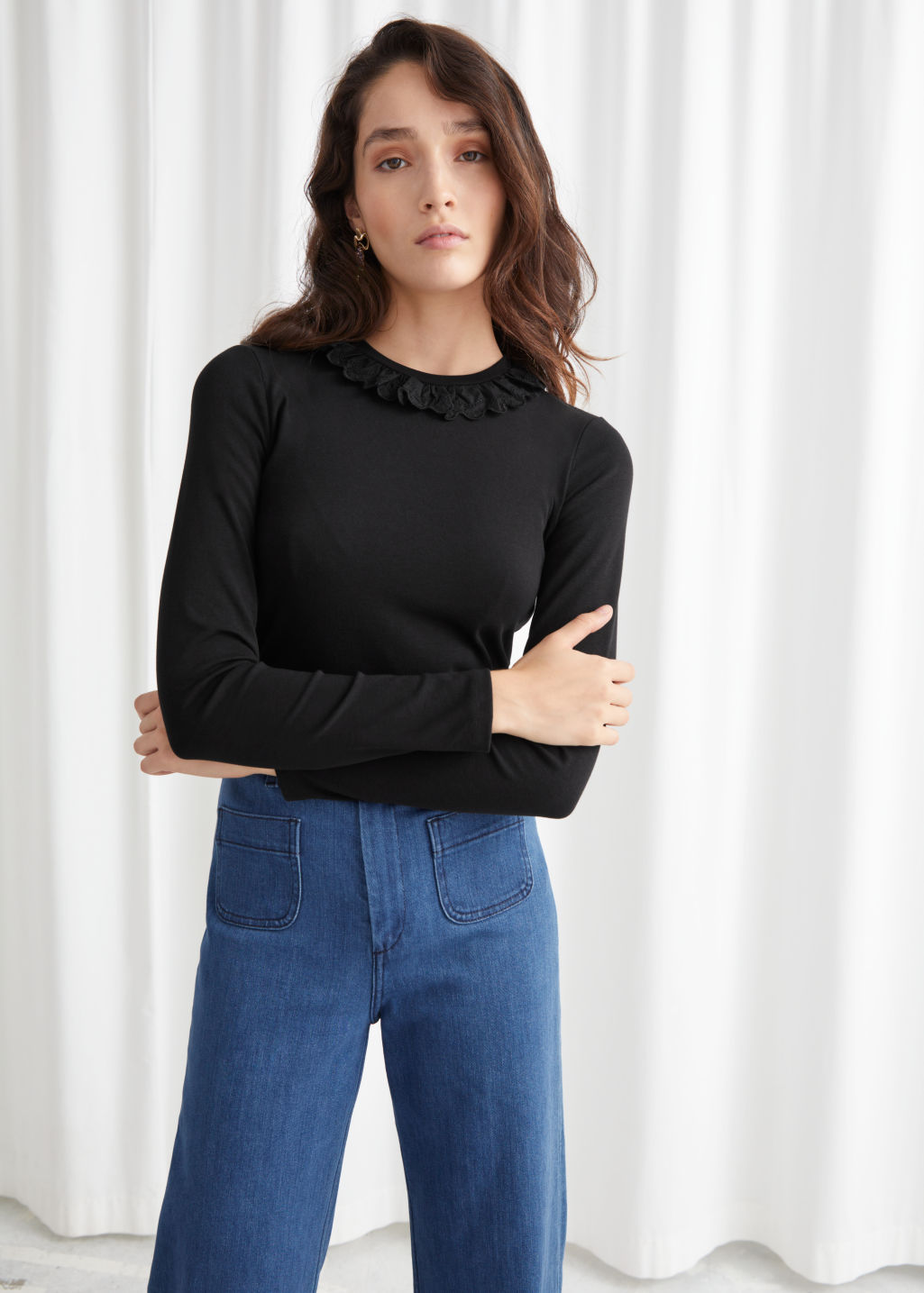 Ruffled Collar Top - Black - Tops & T-shirts - & Other Stories - Click Image to Close