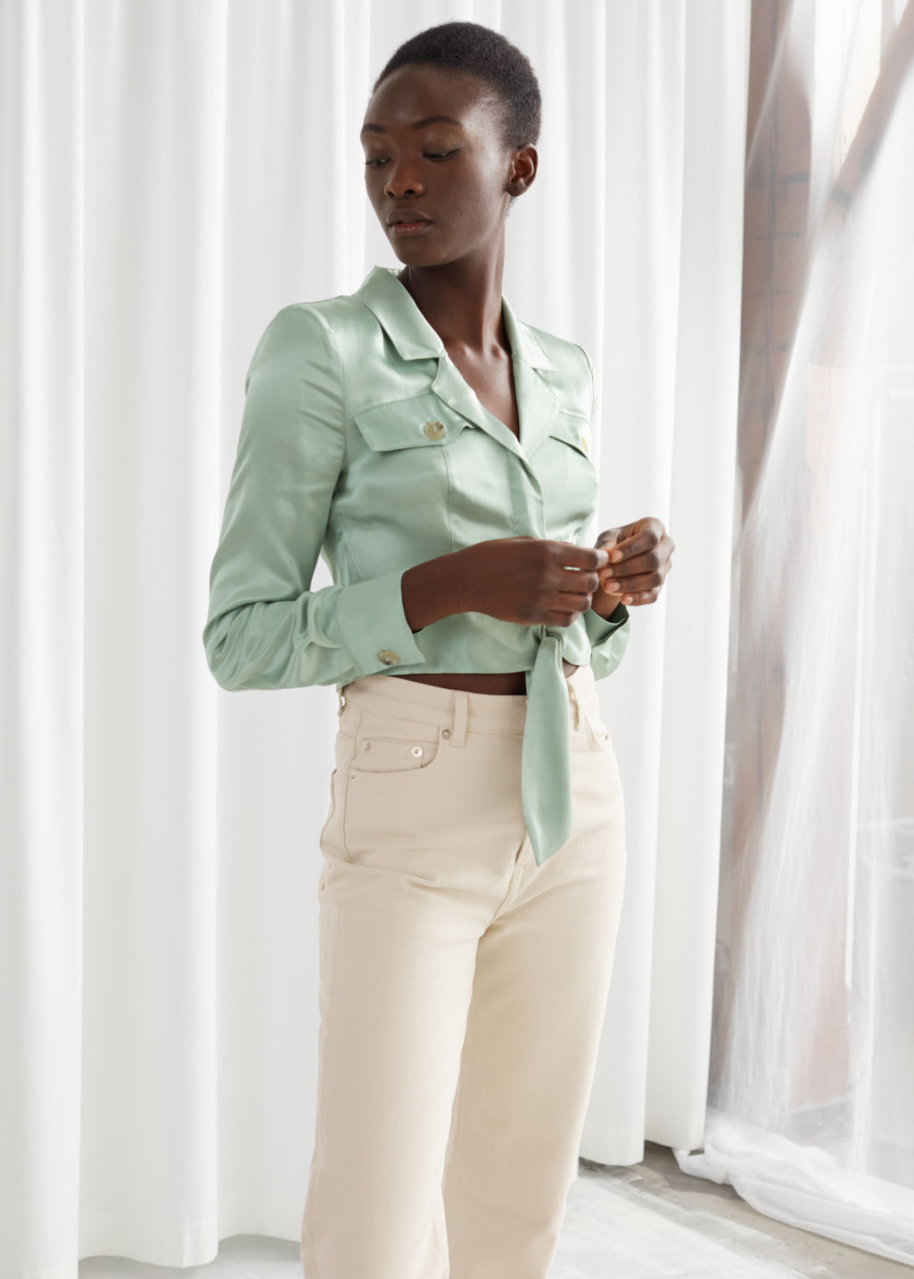 Shiny Structured Self-Tie Blouse - Light Green - Blouses - & Other Stories - Click Image to Close