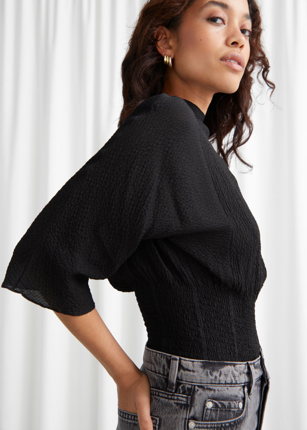 Smocked Waist Blouse - Black - Blouses - & Other Stories - Click Image to Close