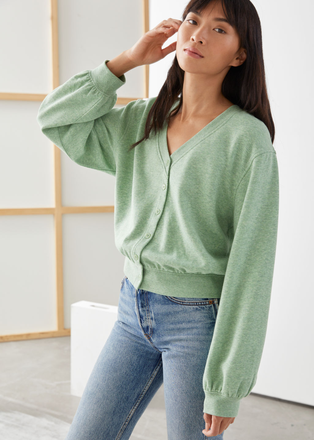 Button Up Jersey Cardigan - Green Melange - Sweatshirts & Hoodies - & Other Stories