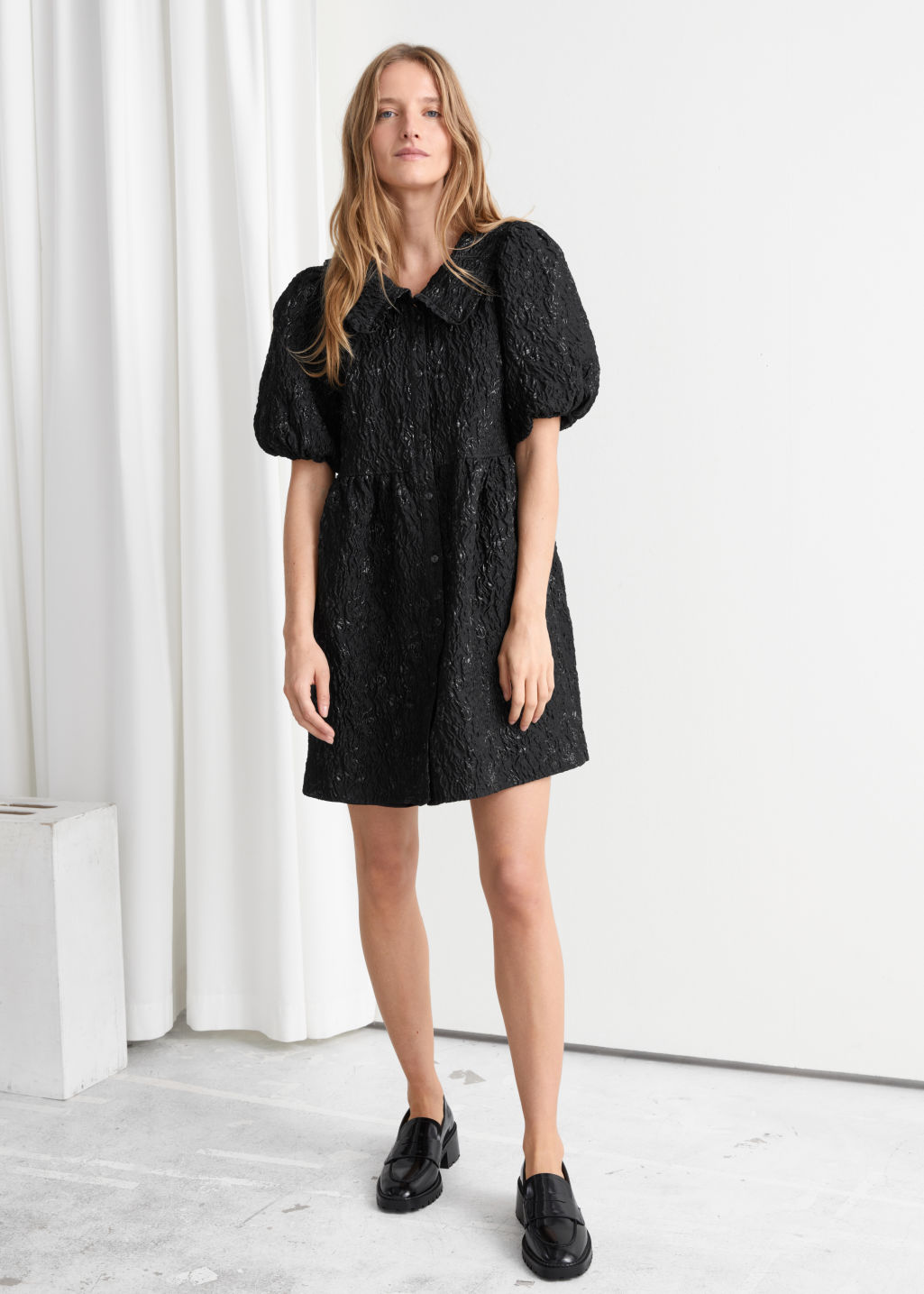 Buttoned Puff Sleeve Jacquard Mini Dress - Mint - Mini dresses - & Other Stories