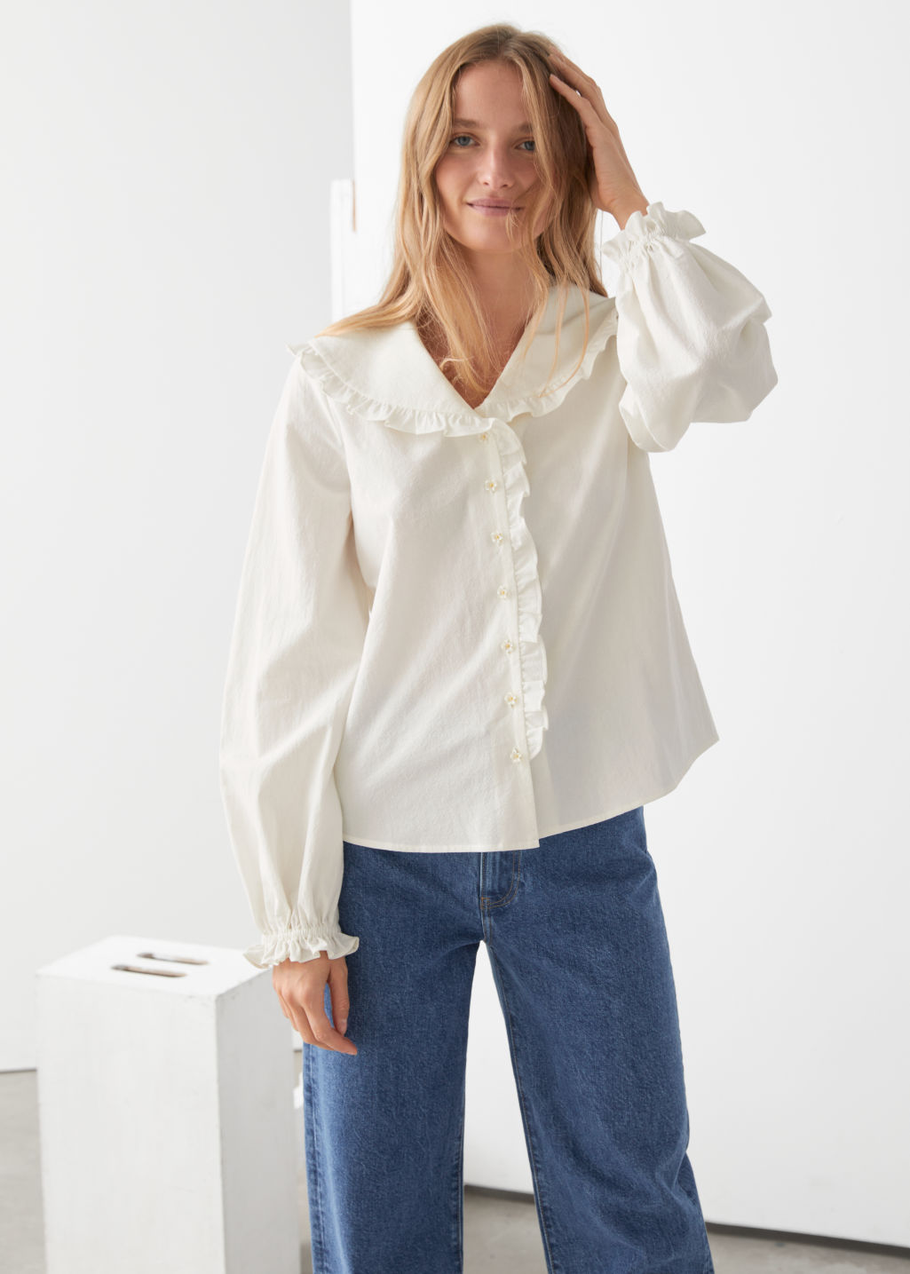 Boxy Button Up Ruffle Blouse - Mint - Blouses - & Other Stories - Click Image to Close