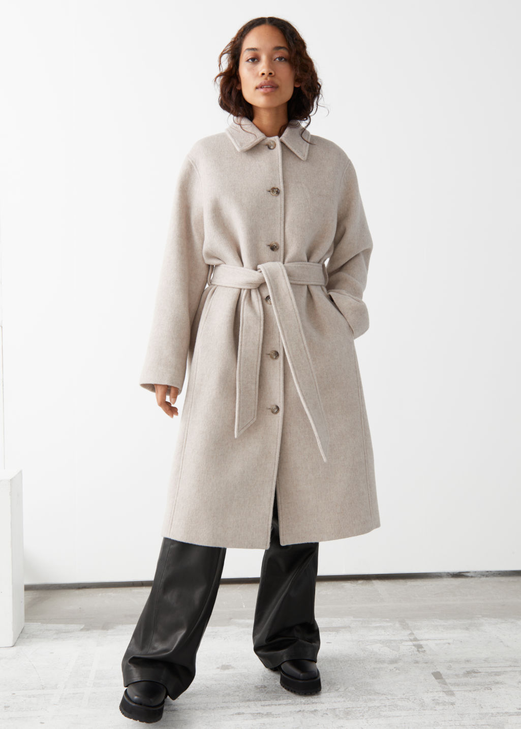 Voluminous Belted Single Breasted Coat - Light Beige - Woolcoats - & Other Stories