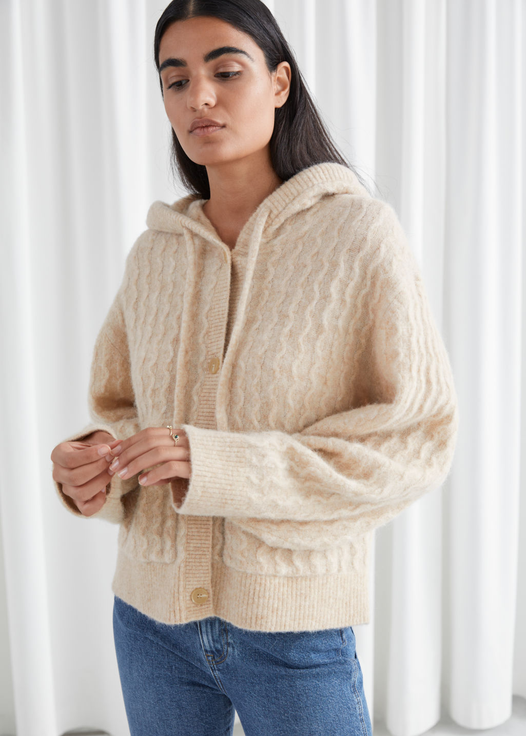 Oversized Button Up Cable Knit Hoodie - Beige - Cardigans - & Other Stories